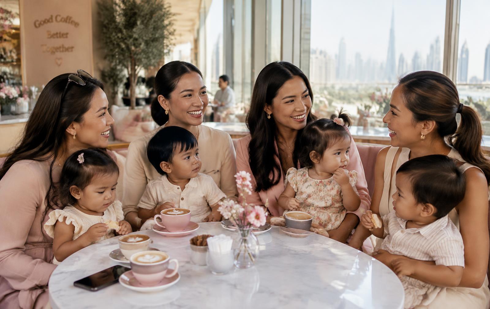 Filipino mums with their little ones at a café in Dubai